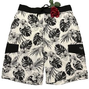 WAVE ZONE Cargo Tropical Swim Trunks Board Shorts 50 UPF Black white mesh lining